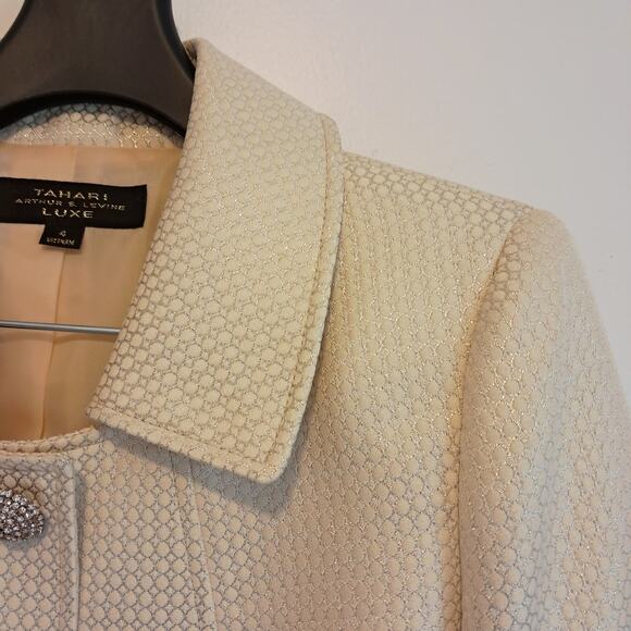Tahari Arthur S Levine Luxe Elegant Cream Skirt Suit Set Gold Trim - Picture 7 of 10